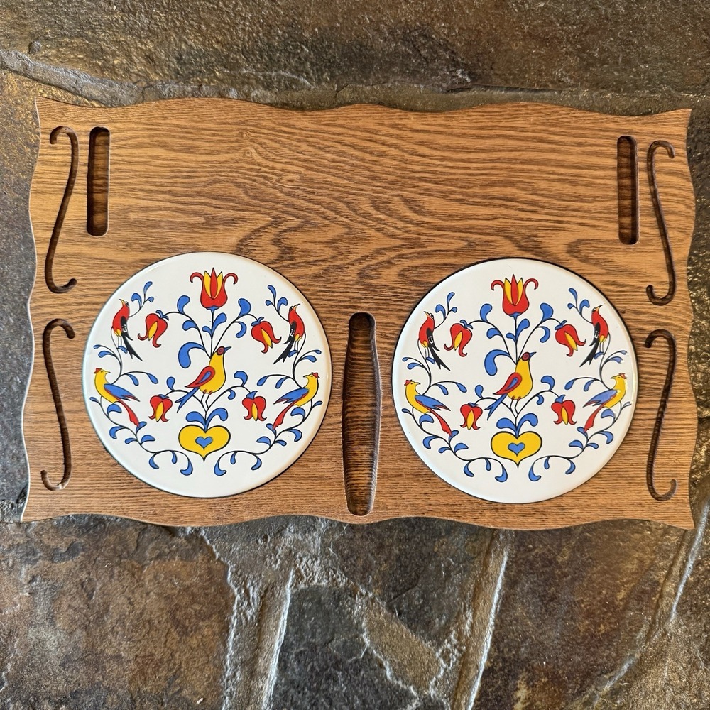 Vintage Pennsylvania Dutch Folk Art Double Tile Wood Trivet Distelfink Bird Hex